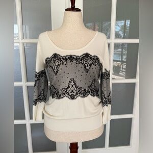 Boston Proper Ivory Black Lace Print Sweater Size M